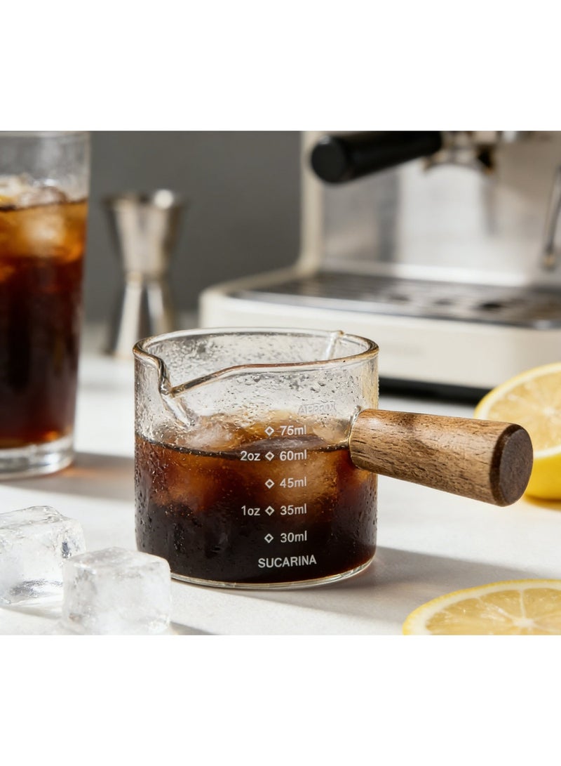 كوب قياس إسبريسو احترافي بفوهة واحدة ومقبض خشبي - 75 مل، مثالي لتحضير القهوة والحليب والشراب والكوكتيلات. - Image 1