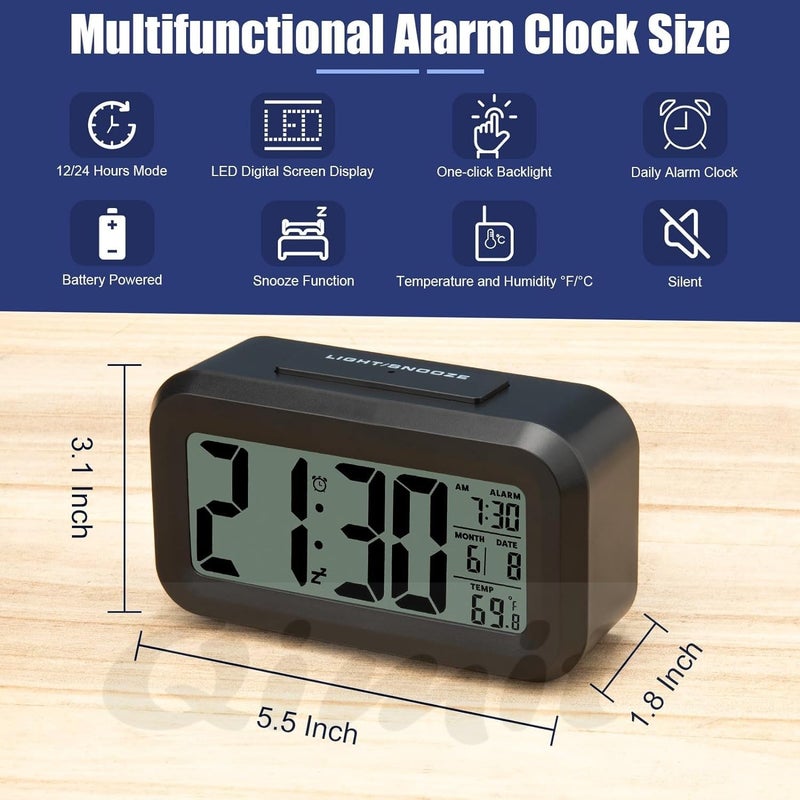QIMIT Digital Alarm Clock Table Clock for Students Home Office Corporate with Automatic Sensor Date TemperatureBlack Plastic 14W x 8H Centimeters 1 Black - Image 2