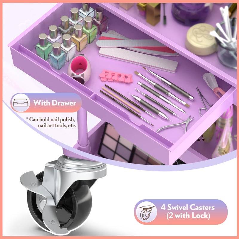 SUNALLY Makeup Cart Organizer with Drawers, Floor Skincare Organizers Vanity Storage Organizer, Rolling Makeup Bathroom Storage Cart Cosmetics Display Cases for Skin Care Perfume Nail Polish, Purple - Image 3