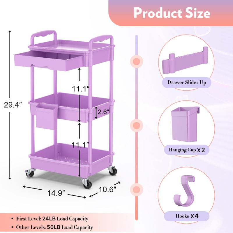 SUNALLY Makeup Cart Organizer with Drawers, Floor Skincare Organizers Vanity Storage Organizer, Rolling Makeup Bathroom Storage Cart Cosmetics Display Cases for Skin Care Perfume Nail Polish, Purple - Image 2