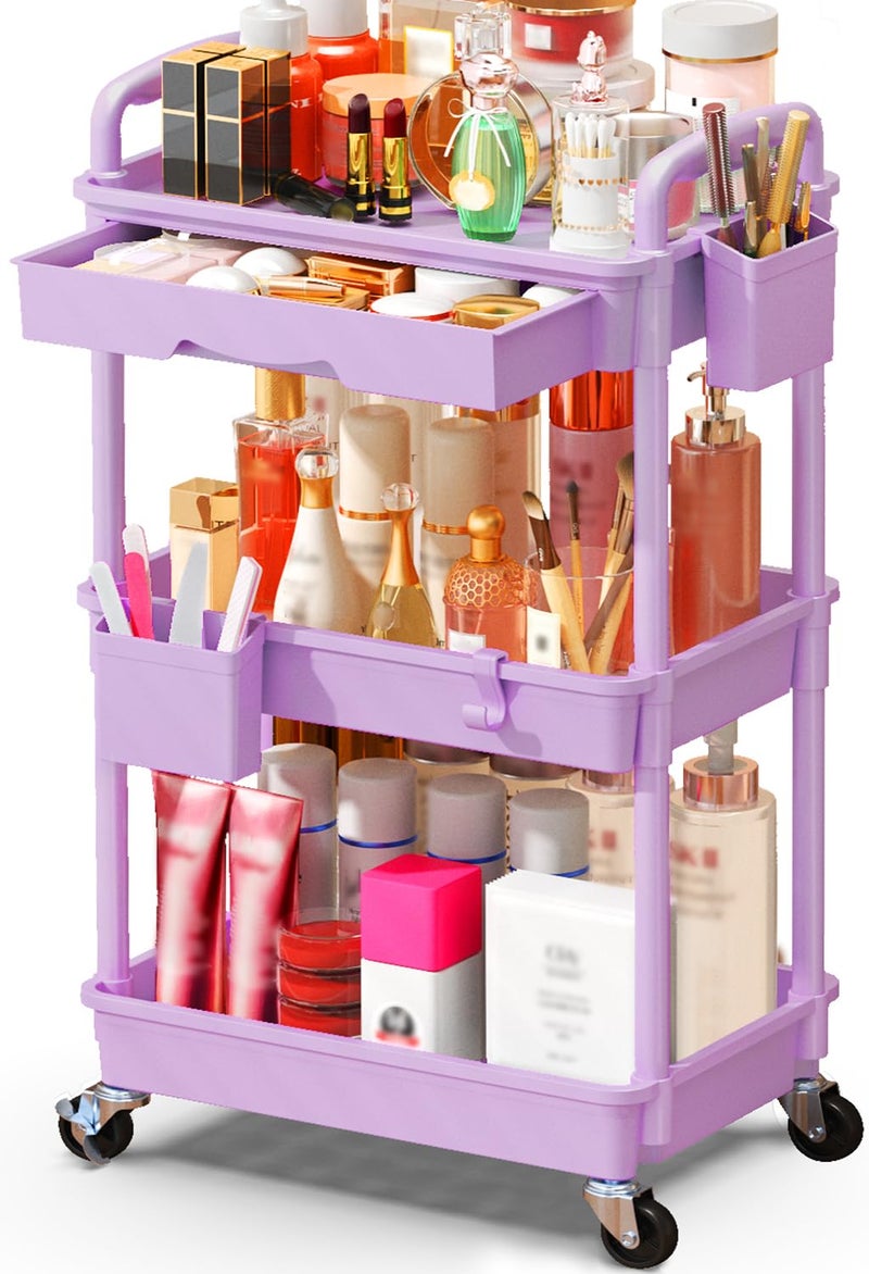 SUNALLY Makeup Cart Organizer with Drawers, Floor Skincare Organizers Vanity Storage Organizer, Rolling Makeup Bathroom Storage Cart Cosmetics Display Cases for Skin Care Perfume Nail Polish, Purple - Image 1