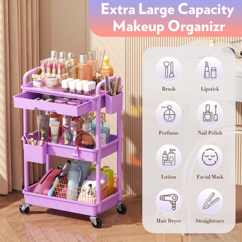 SUNALLY Makeup Cart Organizer with Drawers, Floor Skincare Organizers Vanity Storage Organizer, Rolling Makeup Bathroom Storage Cart Cosmetics Display Cases for Skin Care Perfume Nail Polish, Purple - Image 4