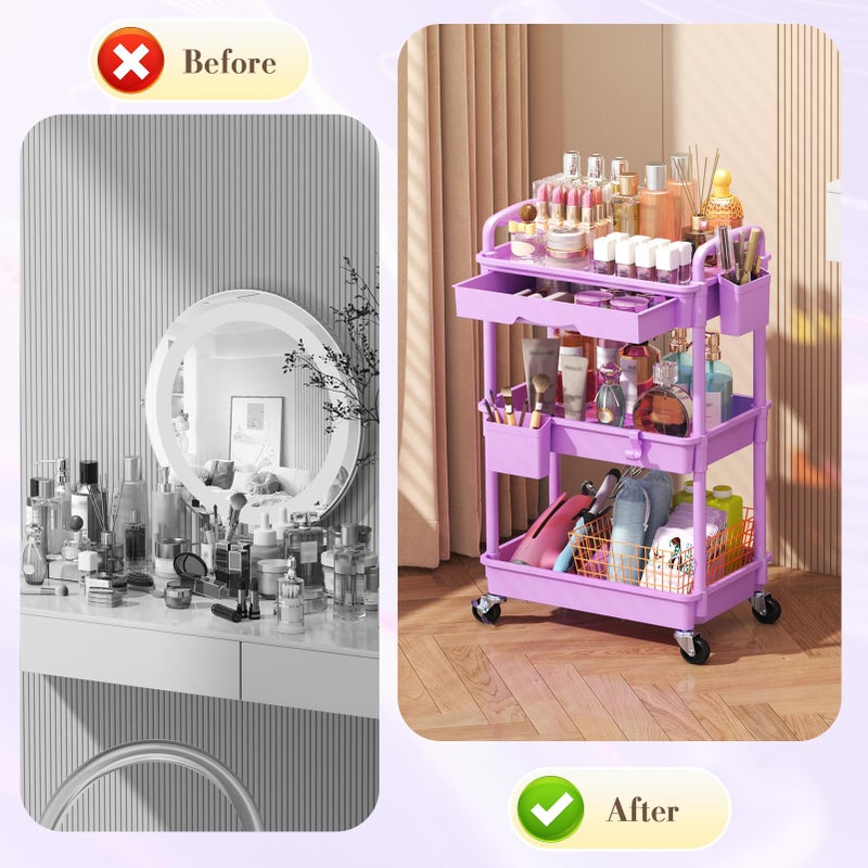 SUNALLY Makeup Cart Organizer with Drawers, Floor Skincare Organizers Vanity Storage Organizer, Rolling Makeup Bathroom Storage Cart Cosmetics Display Cases for Skin Care Perfume Nail Polish, Purple - Image 5
