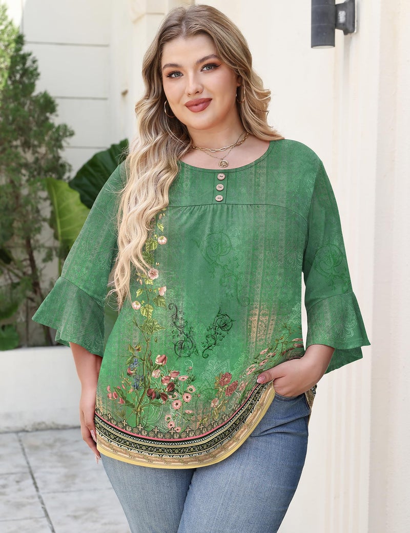Rapbin Spring Tops for Women 2026 Plus Size 3/4 Sleeve Crew Neck Peasant Blouses Business Casual Tunic (Boho Green, XXL) - Image 5
