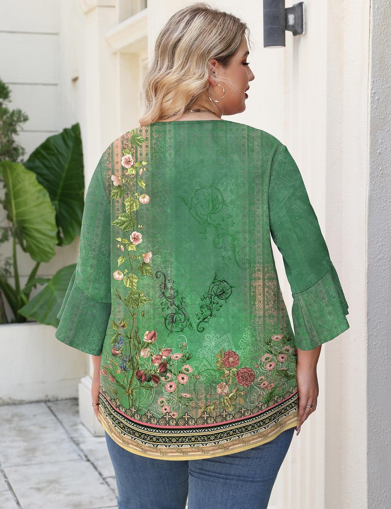Rapbin Spring Tops for Women 2026 Plus Size 3/4 Sleeve Crew Neck Peasant Blouses Business Casual Tunic (Boho Green, XXL) - Image 2