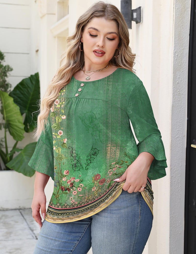 Rapbin Spring Tops for Women 2026 Plus Size 3/4 Sleeve Crew Neck Peasant Blouses Business Casual Tunic (Boho Green, XXL) - Image 4