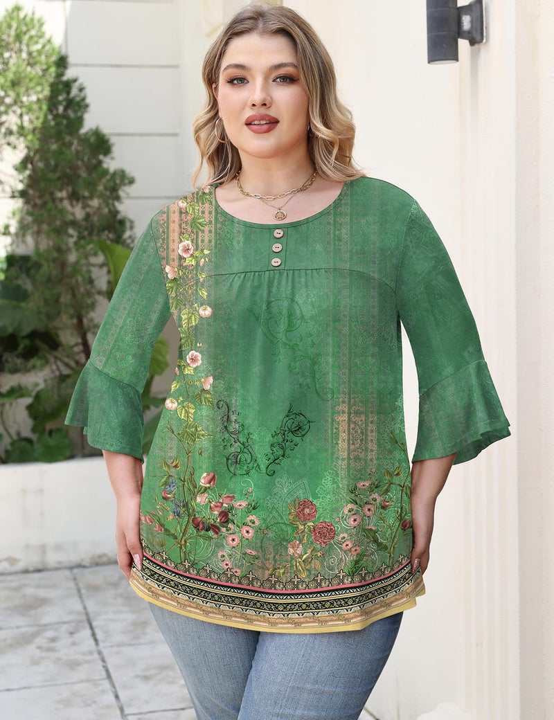 Rapbin Spring Tops for Women 2026 Plus Size 3/4 Sleeve Crew Neck Peasant Blouses Business Casual Tunic (Boho Green, XXL) - Image 3