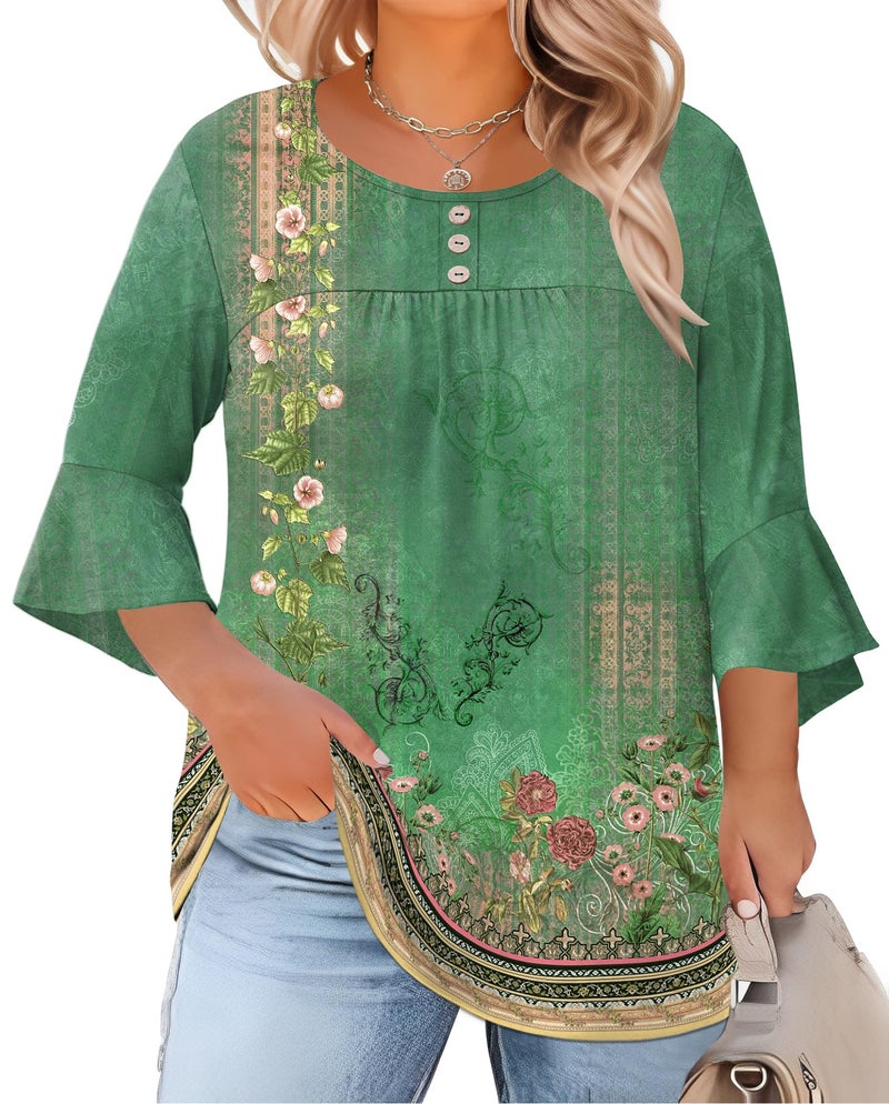 Rapbin Spring Tops for Women 2026 Plus Size 3/4 Sleeve Crew Neck Peasant Blouses Business Casual Tunic (Boho Green, XXL) - Image 1