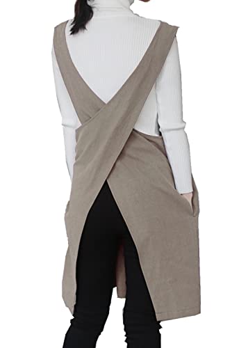 AOBBYBBS Cotton Linen Apron Halter CrossBack Bandage Aprons Japanese Style X Shape Pocket (Khaki) - Image 1