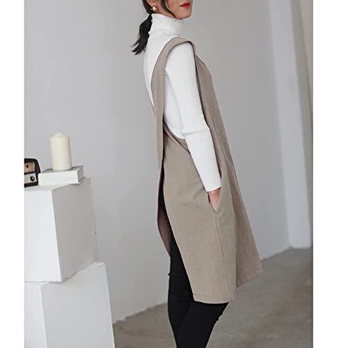 AOBBYBBS Cotton Linen Apron Halter CrossBack Bandage Aprons Japanese Style X Shape Pocket (Khaki) - Image 4