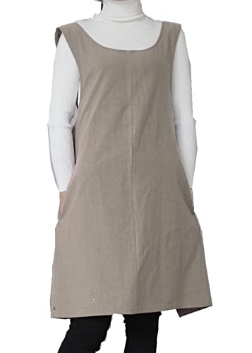 AOBBYBBS Cotton Linen Apron Halter CrossBack Bandage Aprons Japanese Style X Shape Pocket (Khaki) - Image 2