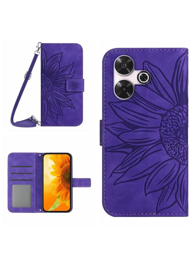 Green Tiger For Xiaomi Redmi 13 4G Global Skin Feel Sun Flower Embossed Flip Leather Phone Case with Lanyard(Dark Purple)