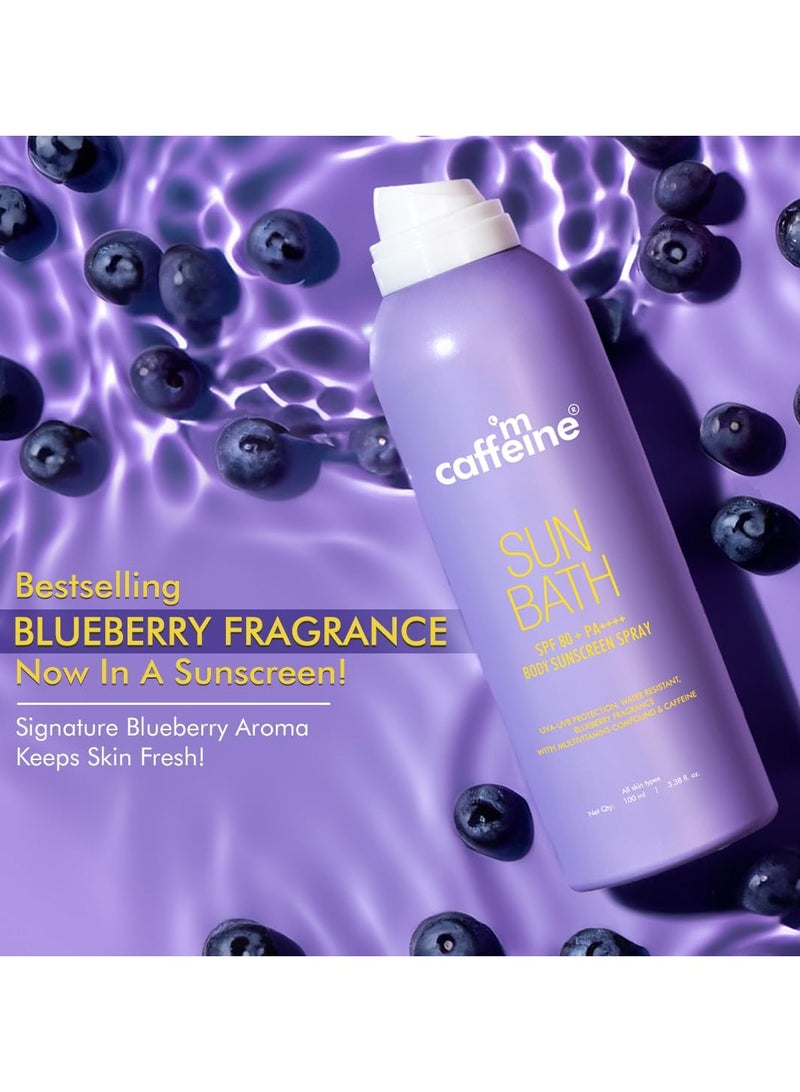 إم كافيين بخاخ واقي من الشمس للجسم بعامل حماية من الشمس SPF 80+ PA ++++ للجسم | حماية عالية من الأشعة فوق البنفسجية | غير مرئي، غير دهني، بخاخ تبريد مقاوم للماء/العرق لمدة 180 دقيقة | لجميع أنواع البشرة | عطر التوت الأزرق - 100 مل - Image 3