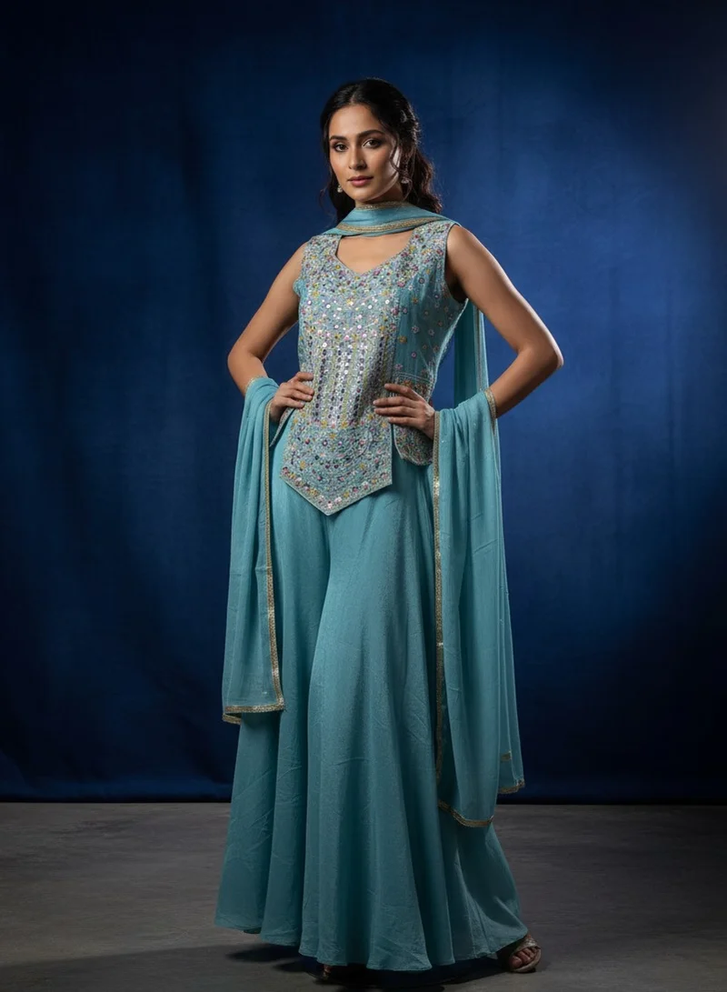 Lehar Blue Embroidered Palazzo Suit Set
