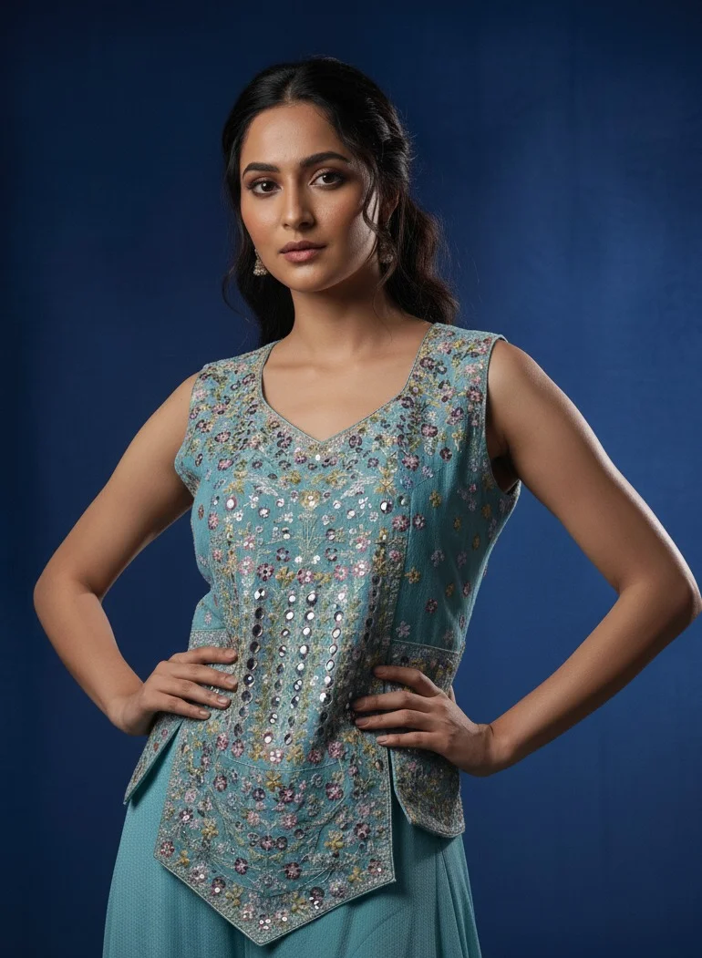 Lehar Blue Embroidered Palazzo Suit Set