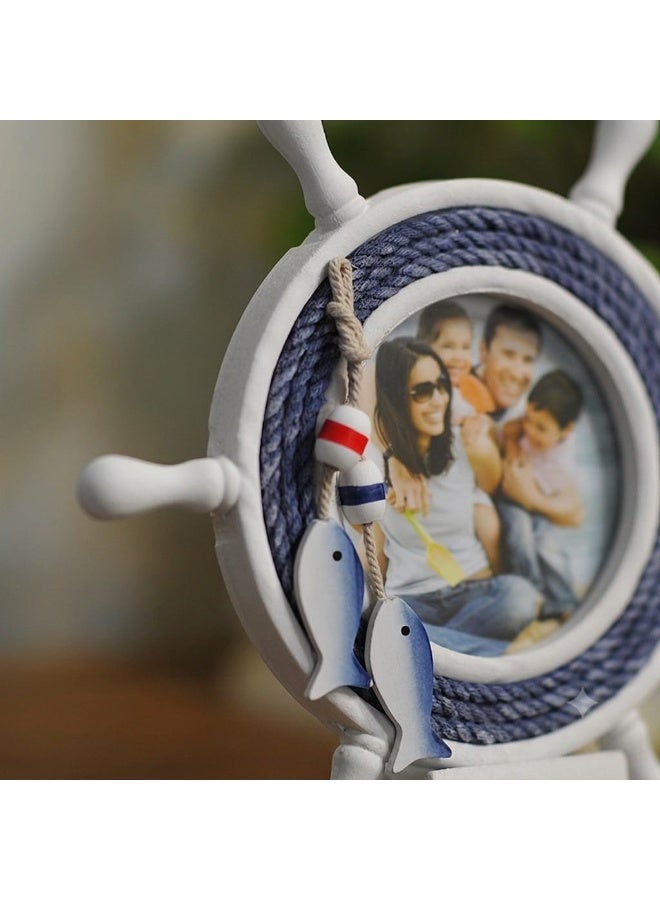 Nautical Ship Wheel Photo Frame with Sailing Boat & Starfish Tabletop Decor - Blue & White Marine Wooden Picture Frame for Home Office Desk - Image 5