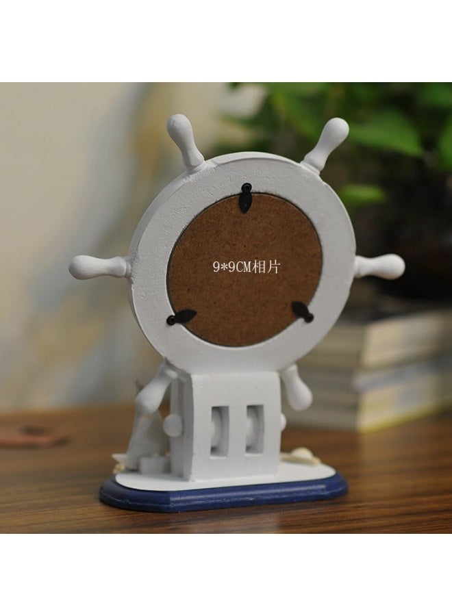 Nautical Ship Wheel Photo Frame with Sailing Boat & Starfish Tabletop Decor - Blue & White Marine Wooden Picture Frame for Home Office Desk - Image 4