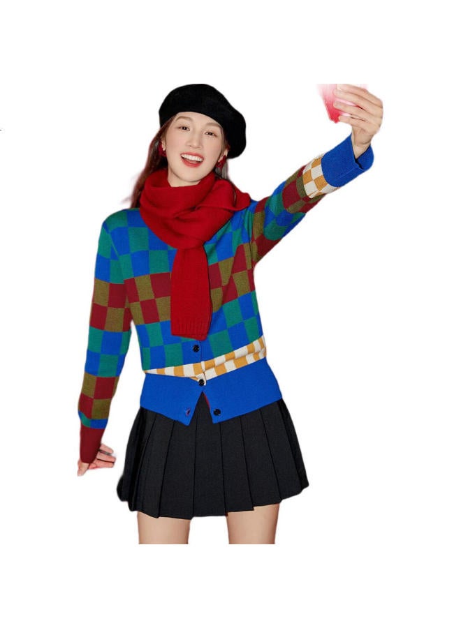 dme Demana [Dopamine Checkered Sesame Dot Jacquard] Spring And Autumn Round Neck Long Sleeve Cardigan Retro Knit Sweater Women'S Top - Image 3