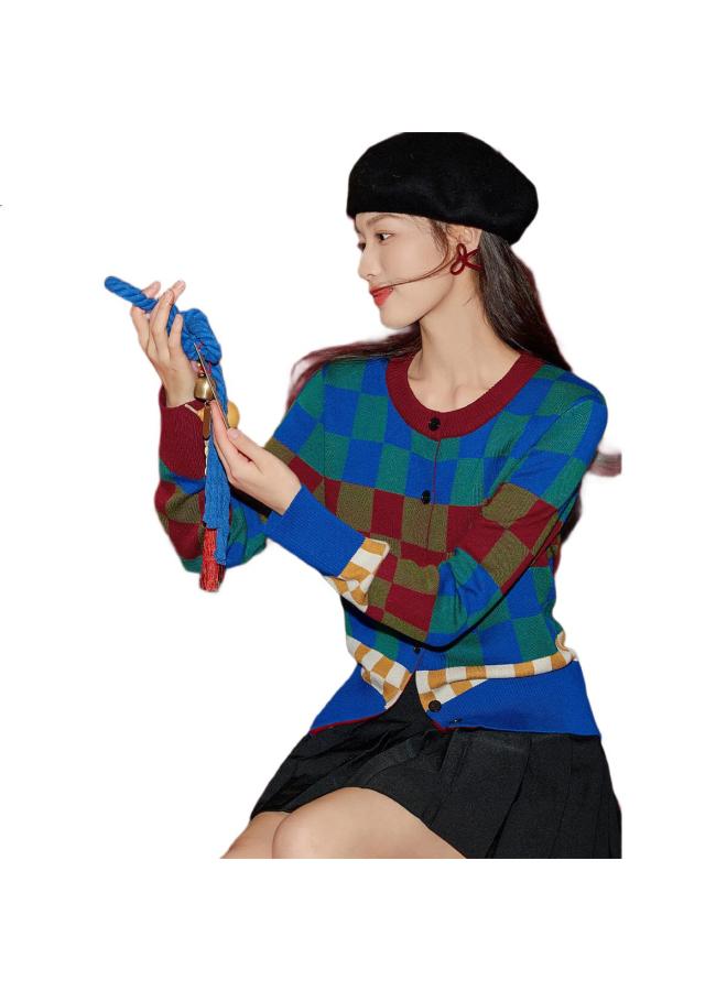 dme Demana [Dopamine Checkered Sesame Dot Jacquard] Spring And Autumn Round Neck Long Sleeve Cardigan Retro Knit Sweater Women'S Top - Image 2