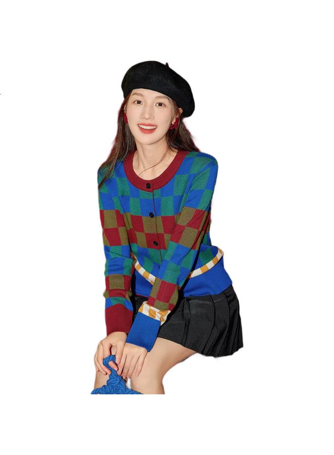 dme Demana [Dopamine Checkered Sesame Dot Jacquard] Spring And Autumn Round Neck Long Sleeve Cardigan Retro Knit Sweater Women'S Top - Image 1