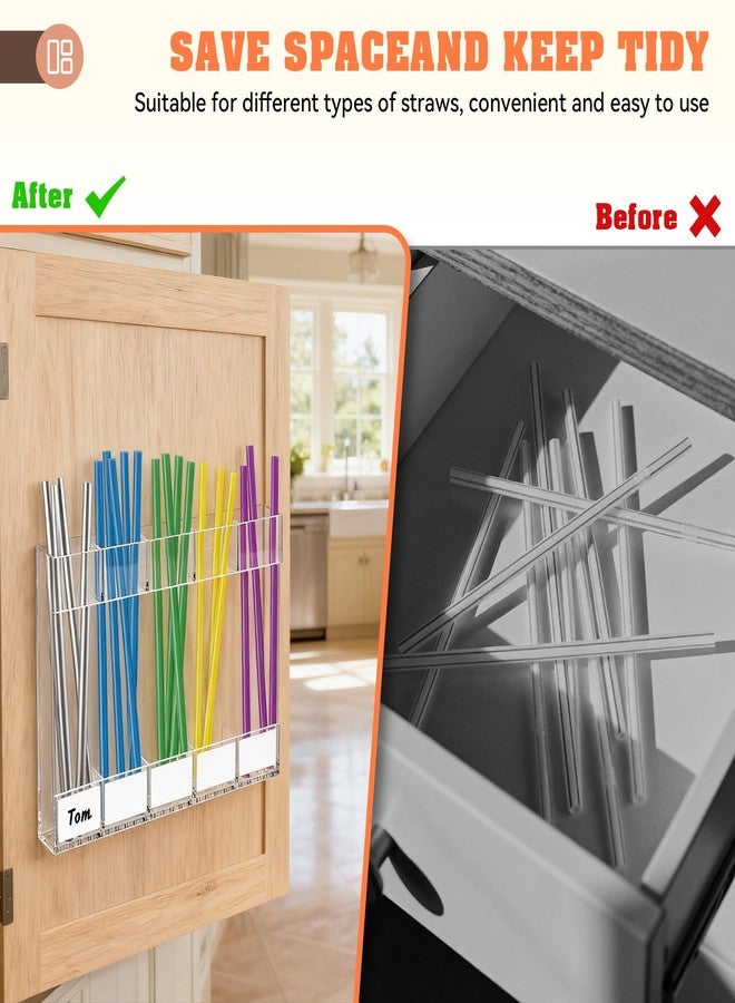 CINDALOG 9.5” Large Acrylic Straw Holder for Cabinet Door with No-mark Double-sided Tape, Reusable Straws Organizer, Small Kitchen Accessories Container, Ultra Sticky Cupboard Door Mounted - Image 3