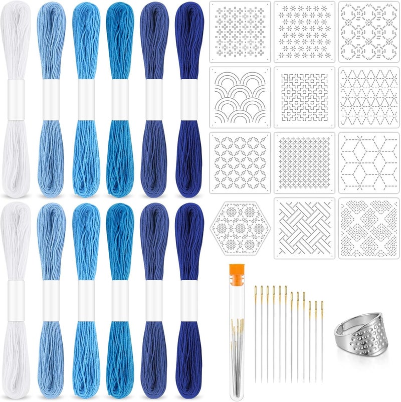 37 قطعة من مجموعة خيوط ساشيكو (Sashiko Thread Kit): تشمل إبر ساشيكو، خيط قطني، ومشابك قطنية، بالإضافة إلى أنماط ساشيكو لمشاريع الخياطة والتطريز المستخدمة في القماش المخملي اليدوي وإصلاح الملابس. - Image 1