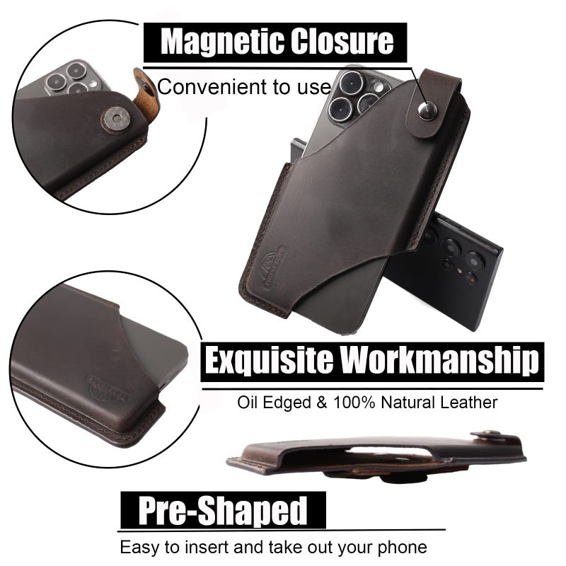Topstache Leather Phone Holster with Belt Clip for iPhone 17/16/15 Pro Max & Plus - Magnetic Closure Cell Phone Case for Galaxy S25/S24 Ultra - Leather Belt Holder Loop Case, L,Darkbrown - Image 3