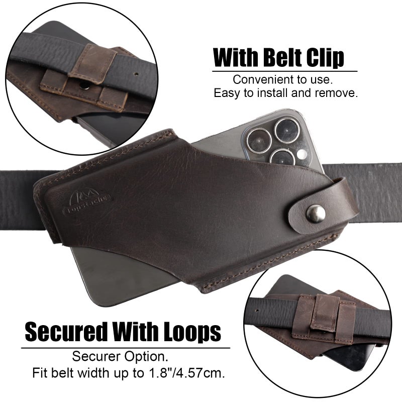 Topstache Leather Phone Holster with Belt Clip for iPhone 17/16/15 Pro Max & Plus - Magnetic Closure Cell Phone Case for Galaxy S25/S24 Ultra - Leather Belt Holder Loop Case, L,Darkbrown - Image 4