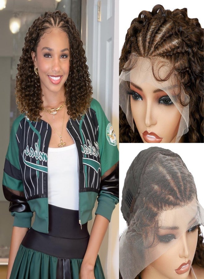 WIGER Braided Wigs for Black Women Curly Bob Lace Front Wig Glueless Knotless Curly Lace Frontal Hair Wig with Baby Hair Ombre Brown 13X4 Transparent HD Lace Synthetic Water Wave Wig - Image 1