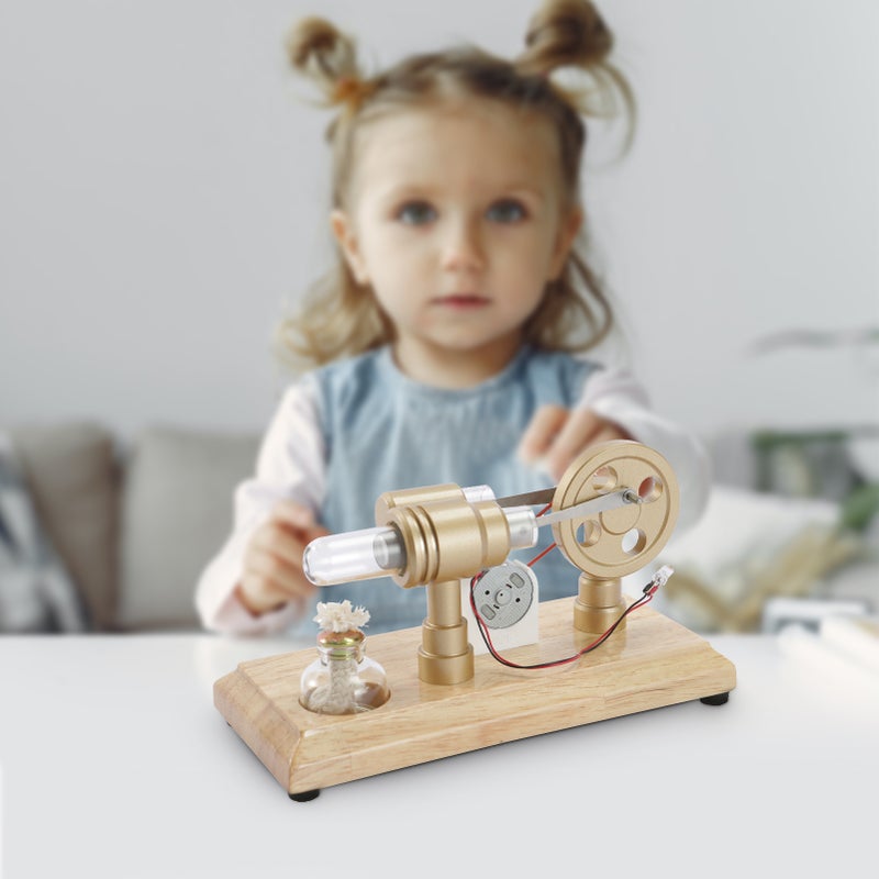 Hot Air Stirling Engine Electricity Generator Motor Model with LED Light Flywheel Design Science Experiment with Wooden Base DIY Education Toy for Teacher Adults Kids School Office Decor LL-007-Gold - Image 3