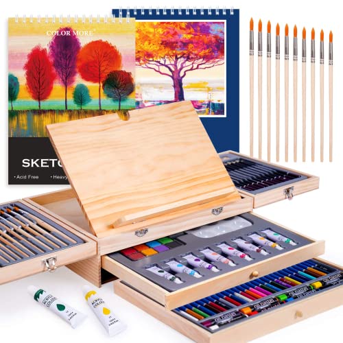 Color More 85 Piece Deluxe Wooden Art Supplies Art Kit with Easel and Acrylic Pad Art Set for Teens Adults and Artist Beginners Creative Gift Box with Wooden Case Sketching Pencils Artist Brushes 