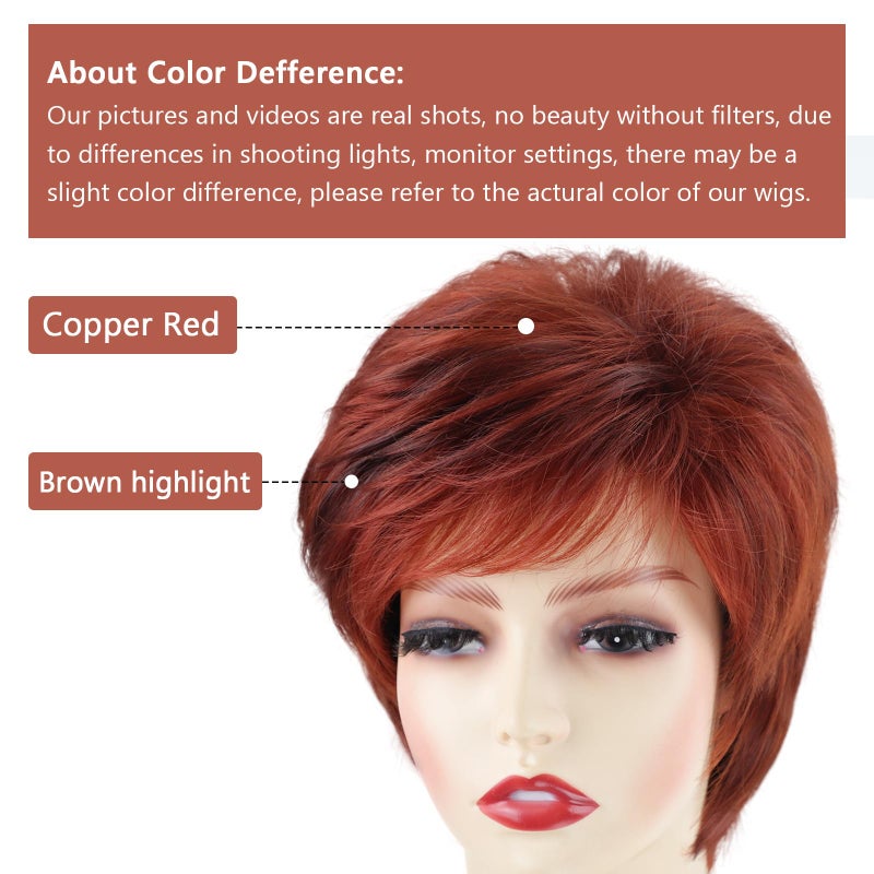 TISHINING Short Red Pixie Cut Wigs for White Women Copper Red Mixed Brown Highlight Synthetic Hair Wig with Bangs Layered Natural Wavy Hair Wig for Daily Party Use - Image 5