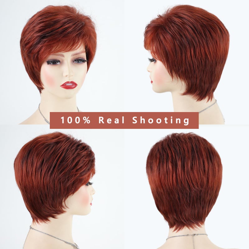 TISHINING Short Red Pixie Cut Wigs for White Women Copper Red Mixed Brown Highlight Synthetic Hair Wig with Bangs Layered Natural Wavy Hair Wig for Daily Party Use - Image 2