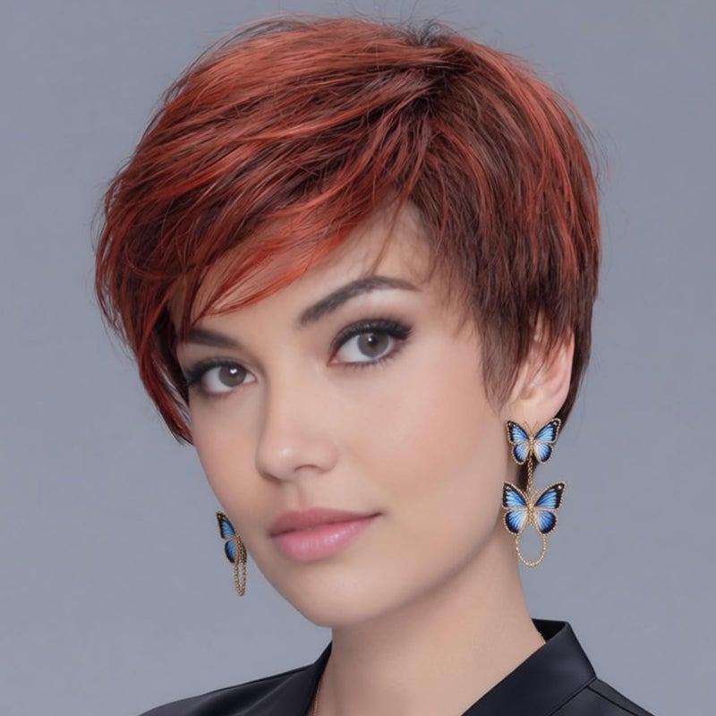 TISHINING Short Red Pixie Cut Wigs for White Women Copper Red Mixed Brown Highlight Synthetic Hair Wig with Bangs Layered Natural Wavy Hair Wig for Daily Party Use - Image 1