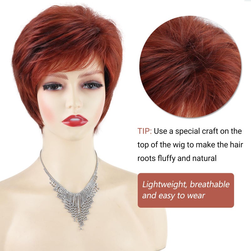 TISHINING Short Red Pixie Cut Wigs for White Women Copper Red Mixed Brown Highlight Synthetic Hair Wig with Bangs Layered Natural Wavy Hair Wig for Daily Party Use - Image 4