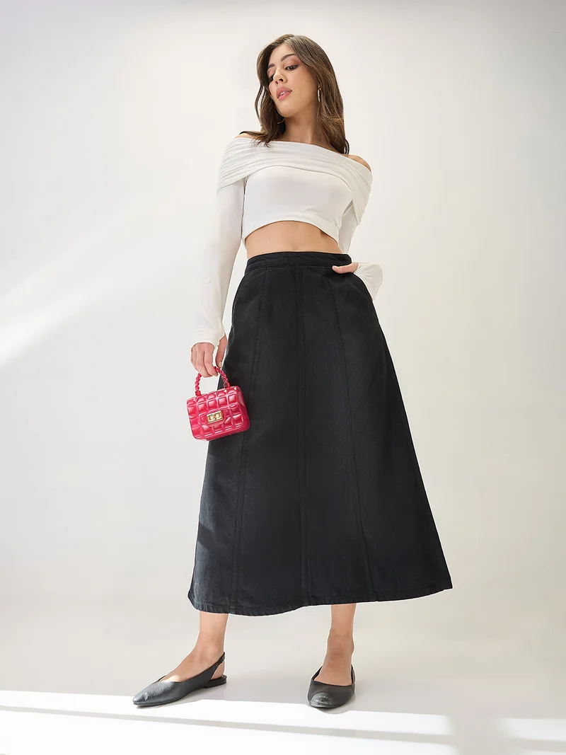 globus Globus Women Mid Rise Panelled A-Line Midi Denim Skirt