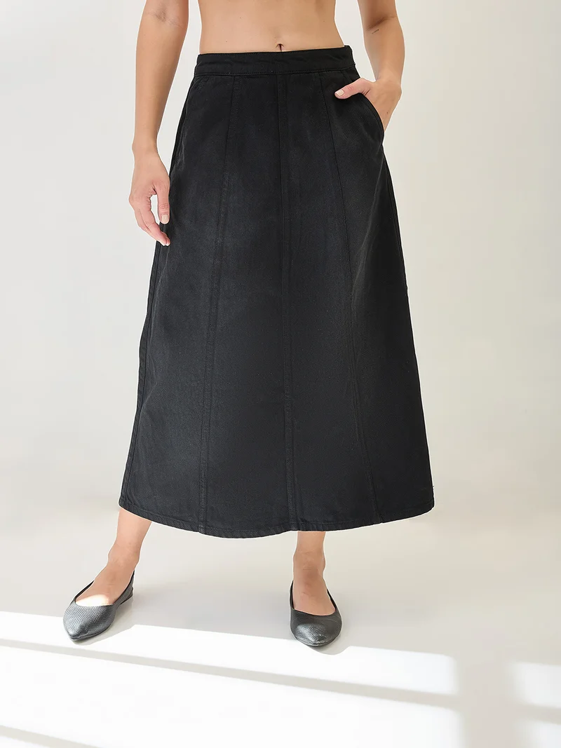 globus Globus Women Mid Rise Panelled A-Line Midi Denim Skirt