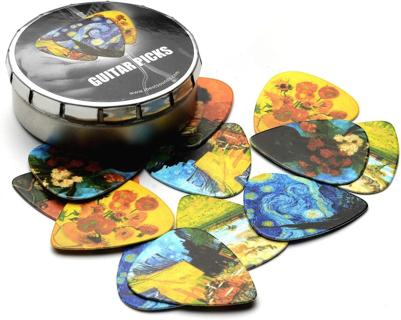 BestSounds Van Gogh 12 Pack Guitar Picks with Real Leather Picks Holder - Celluloid Medium Plectrums Unique Gifts For Guitarist - Image 1