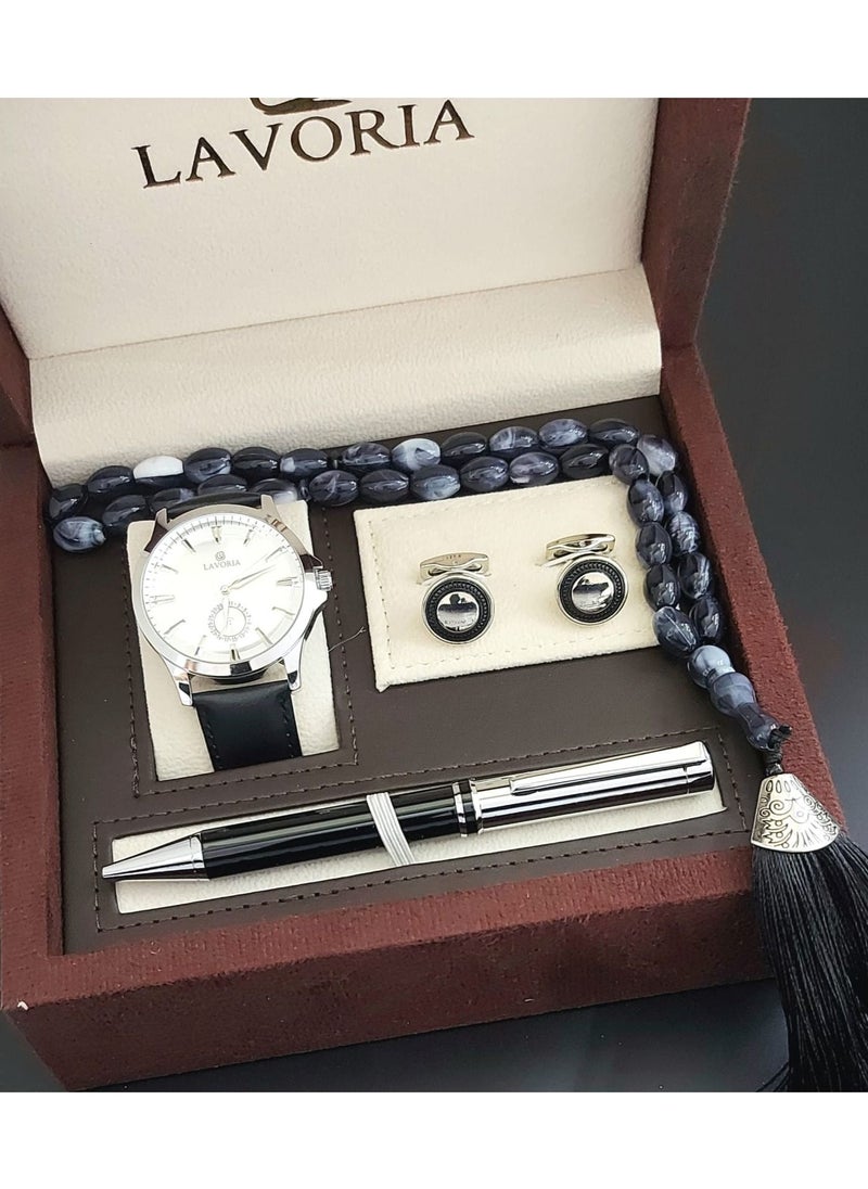 LAVORIA Laforea watch gift set for men consisting of 4 pieces, a rosary watch, a pen and a set of buttons 