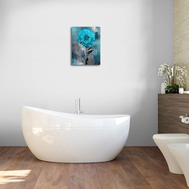 Nineaso Abstract Flowers Wall Art Teal Flower Canvas Pictures Rustic Blossom Canvas Painting for Bedroom Bather Bathroom Decor - Image 5