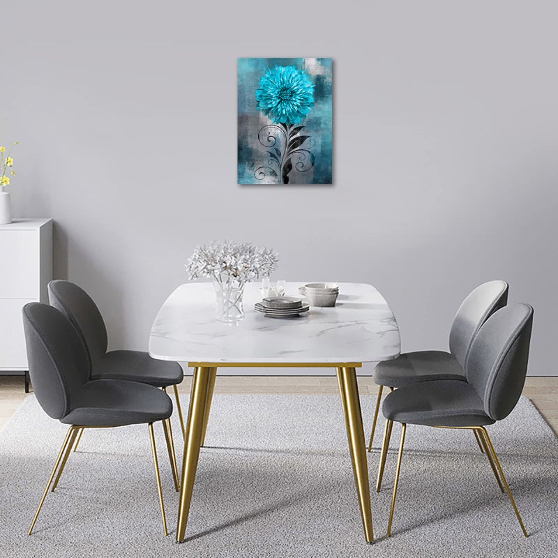 Nineaso Abstract Flowers Wall Art Teal Flower Canvas Pictures Rustic Blossom Canvas Painting for Bedroom Bather Bathroom Decor - Image 2