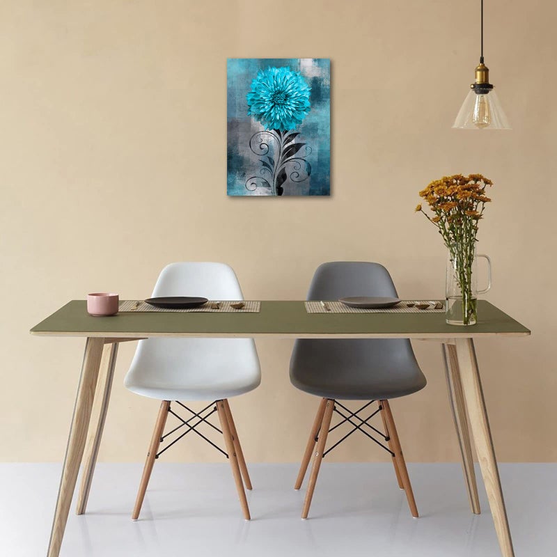 Nineaso Abstract Flowers Wall Art Teal Flower Canvas Pictures Rustic Blossom Canvas Painting for Bedroom Bather Bathroom Decor - Image 3