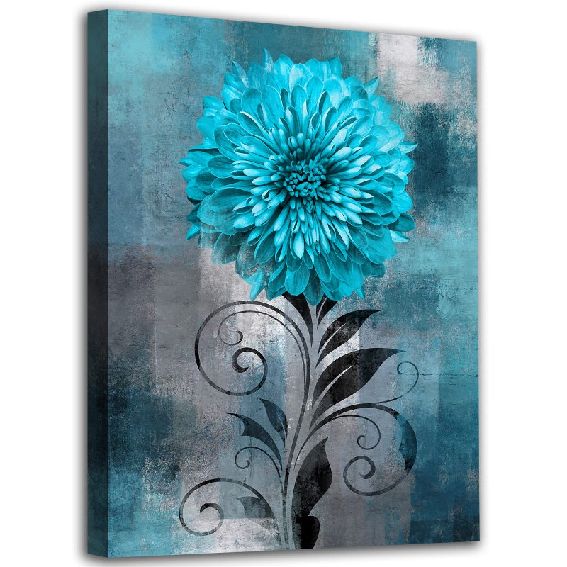 Nineaso Abstract Flowers Wall Art Teal Flower Canvas Pictures Rustic Blossom Canvas Painting for Bedroom Bather Bathroom Decor - Image 1