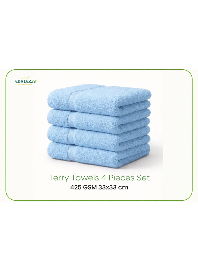 Premium Terry Hand Towels Set – 4 Pieces, 425 GSM Soft Cotton Towels (33×33 cm)
