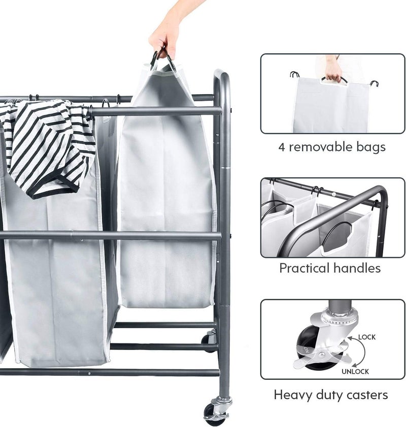 ROMOON 4 Bag Laundry Sorter Cart, Laundry Hamper Sorter with Heavy Duty Rolling Wheels for Clothes Storage, Grey - Image 3