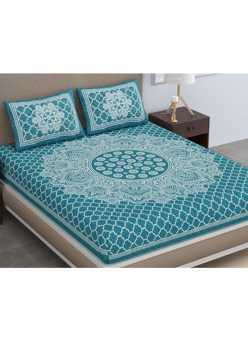 Colorish Colorish 120 TC Cotton Blend Mandala Printed Floral Jaipuri Bedsheet for Double Bed King Size with 2 Pillow Covers Sea Green  - Image 1