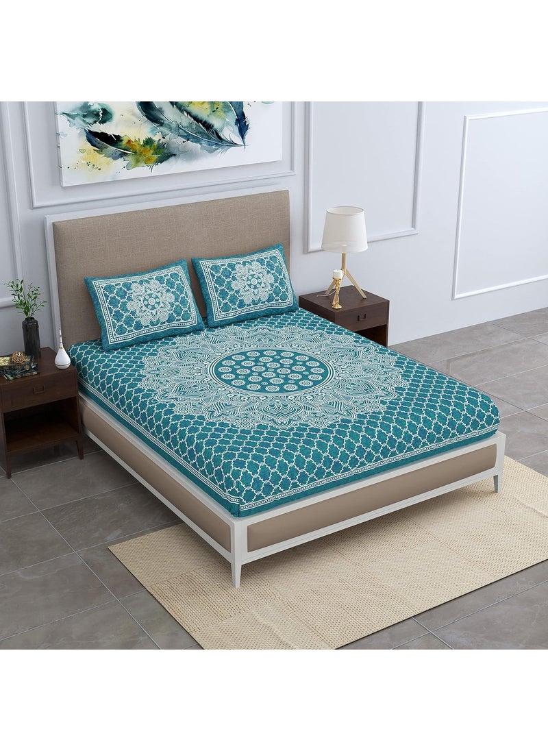 Colorish Colorish 120 TC Cotton Blend Mandala Printed Floral Jaipuri Bedsheet for Double Bed King Size with 2 Pillow Covers Sea Green  - Image 3