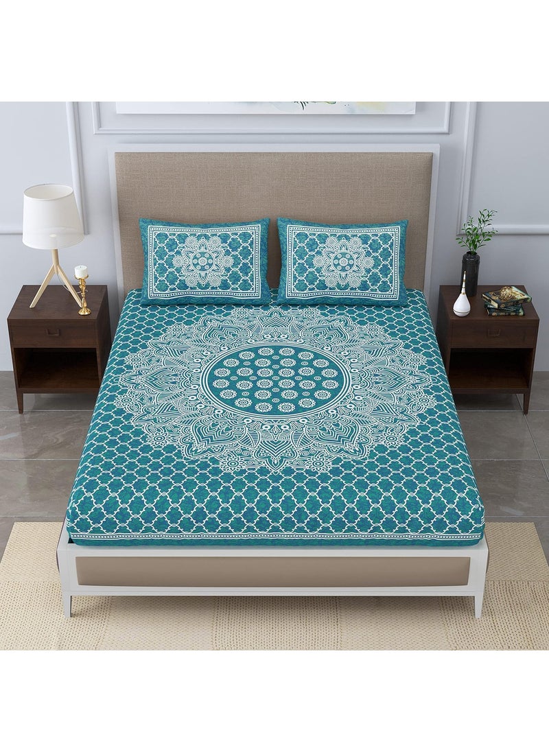Colorish Colorish 120 TC Cotton Blend Mandala Printed Floral Jaipuri Bedsheet for Double Bed King Size with 2 Pillow Covers Sea Green  - Image 4