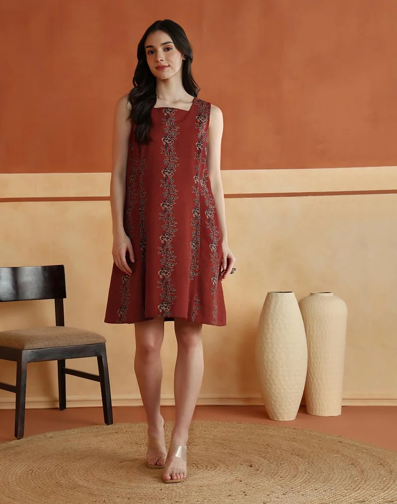 Fabindia  Red Cotton Linen Floral Printed Short Dress for Women | Best Price UAE