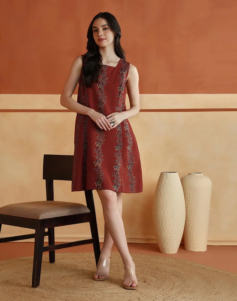 Red Cotton Linen Floral Printed Short Dress